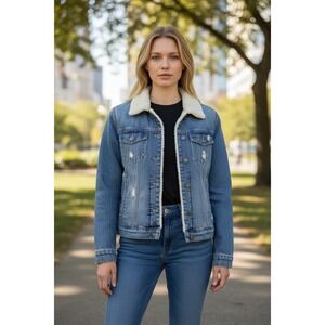 Mossimo Supply Co Denim Jacket Sherpa Lined Distressed‎ Blue Jean Jacket Small